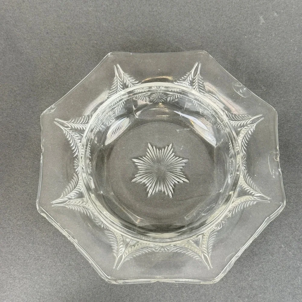 Pressed Glass Floral Etched Butter Dish with Lid, Hexagonal Base Clear Vintage